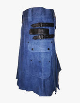 KILT IN BLUE DEAL WITH BLACK LEATHER STRAPS - Scottish Kilt Jacket™ USA-UK